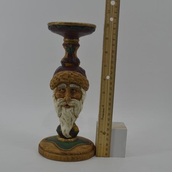 Santa Candle Stick Holder Old Christmas Faux Carved Wood Resin - Picture 2 of 13